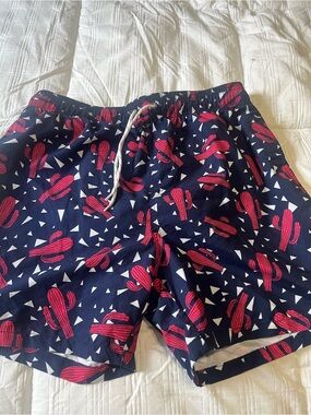 NWT .. Men's Navy Swim Shorts with red Cactus Print